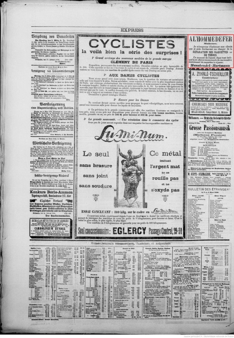 Journal L'Express de Mulhouse du 4 mars 1896 (p.4) : réparation des raquettes de tennis.